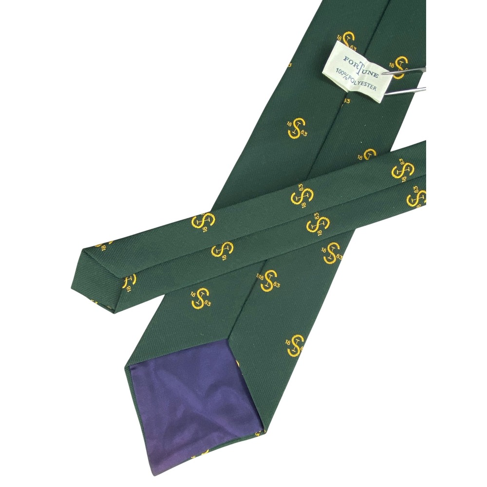 VTG Fortune Tie Mens Forest Green Yellow Monogram S 1883 Crested Preppy 56x3.5